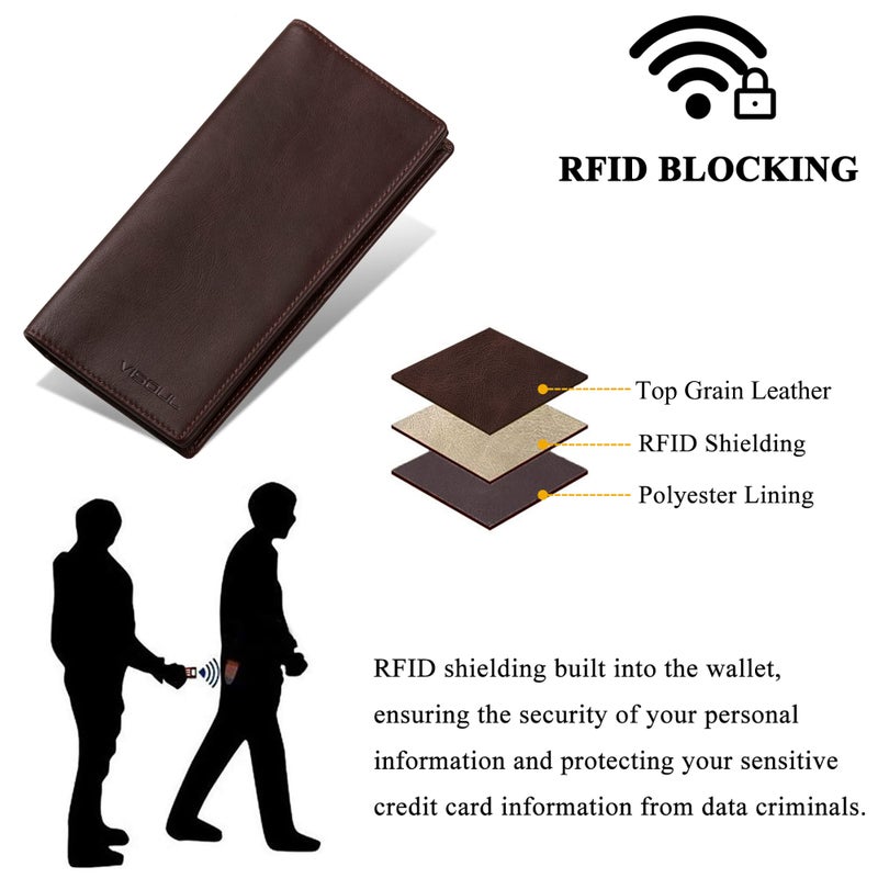 VISOUL Leather Checkbook Cover Wallet for Men with RFID Blocking, Mens Long Bifold Cash Tall Wallet with 11 Credit Card Slots 1 ID Window (Coffee) - Image 4